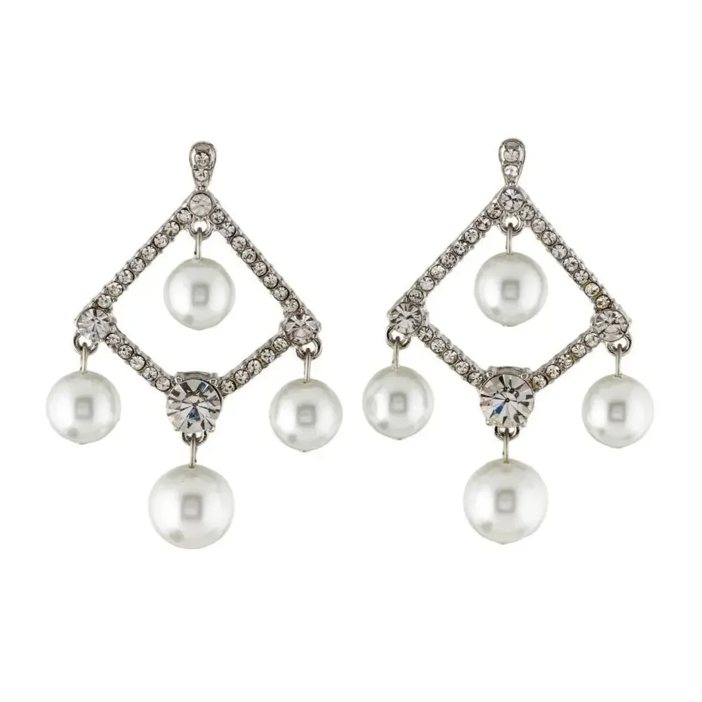 Kenneth‎ Jay Lane White Pearl Crystal Silver Tone Chandelier Clip Earrings New - Picture 2 of 14